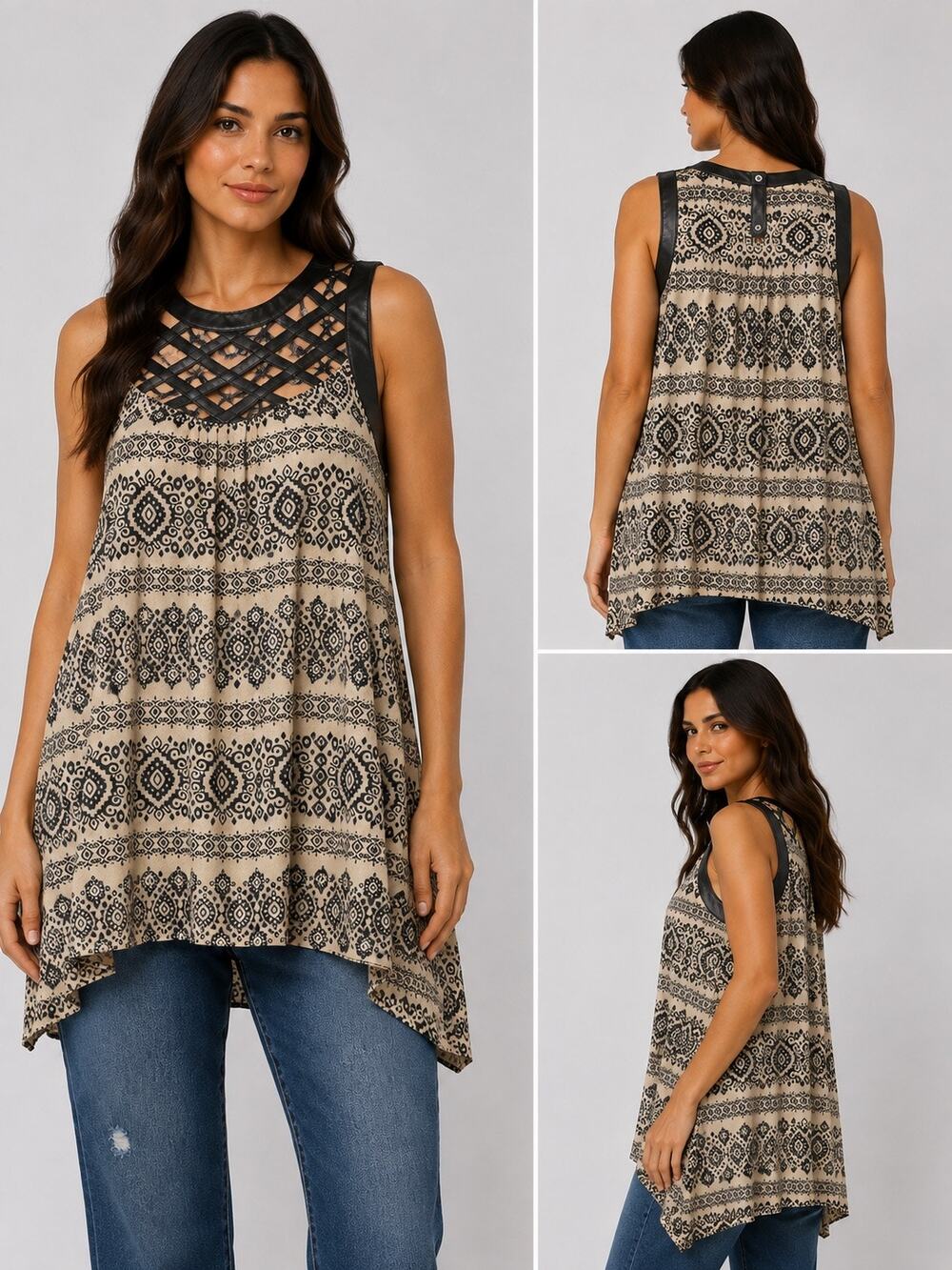 Haute Monde Black Cream Aztec Geometric Lattice Faux Leather Trim Tunic Top M